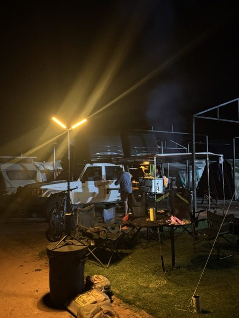 BougeRV T1 telescopic camping light illuminating a campsite in South Africa